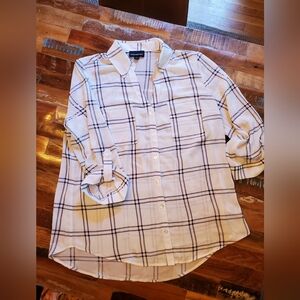 White Plaid Button-Down Shirt with Black Windowpane Lines